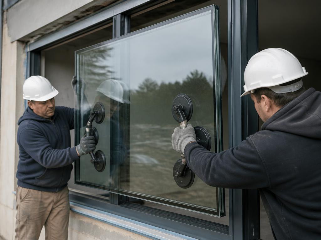 Monteurs plaatsen een dikke gelaagde beglazing met glaszuigers in een stalen kozijn